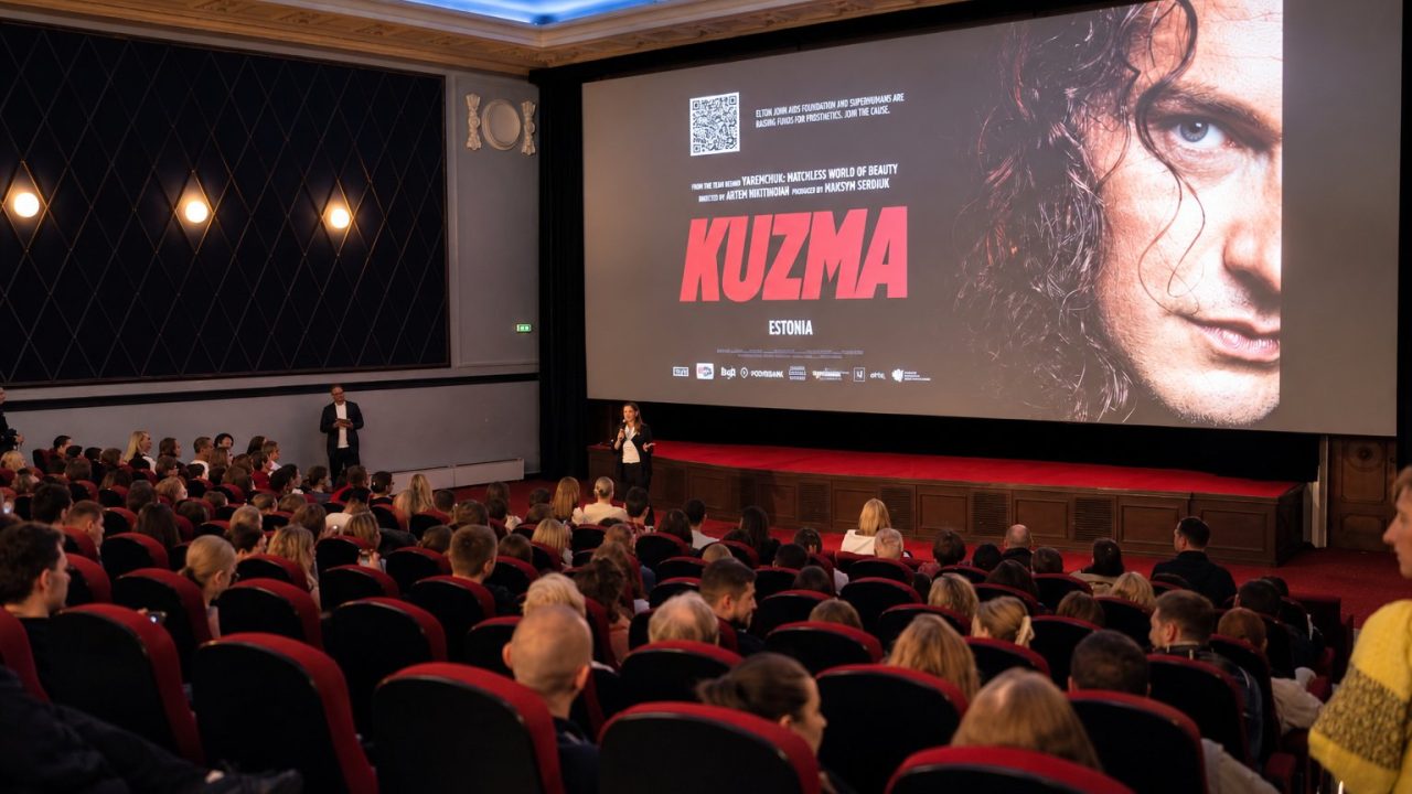Full house at Kino Sõprus: the audience faces a big screen showing the poster of the film “Kuzma”, a host speaks on stage