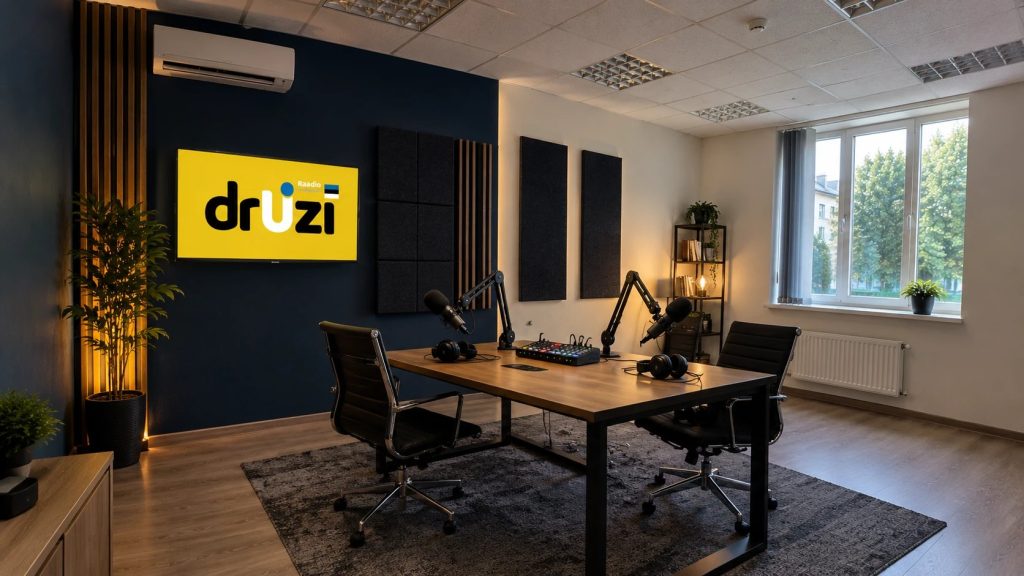 Radio DRUZI studio: two microphones, a mixer and a yellow screen with the druzi logo on a dark blue wall